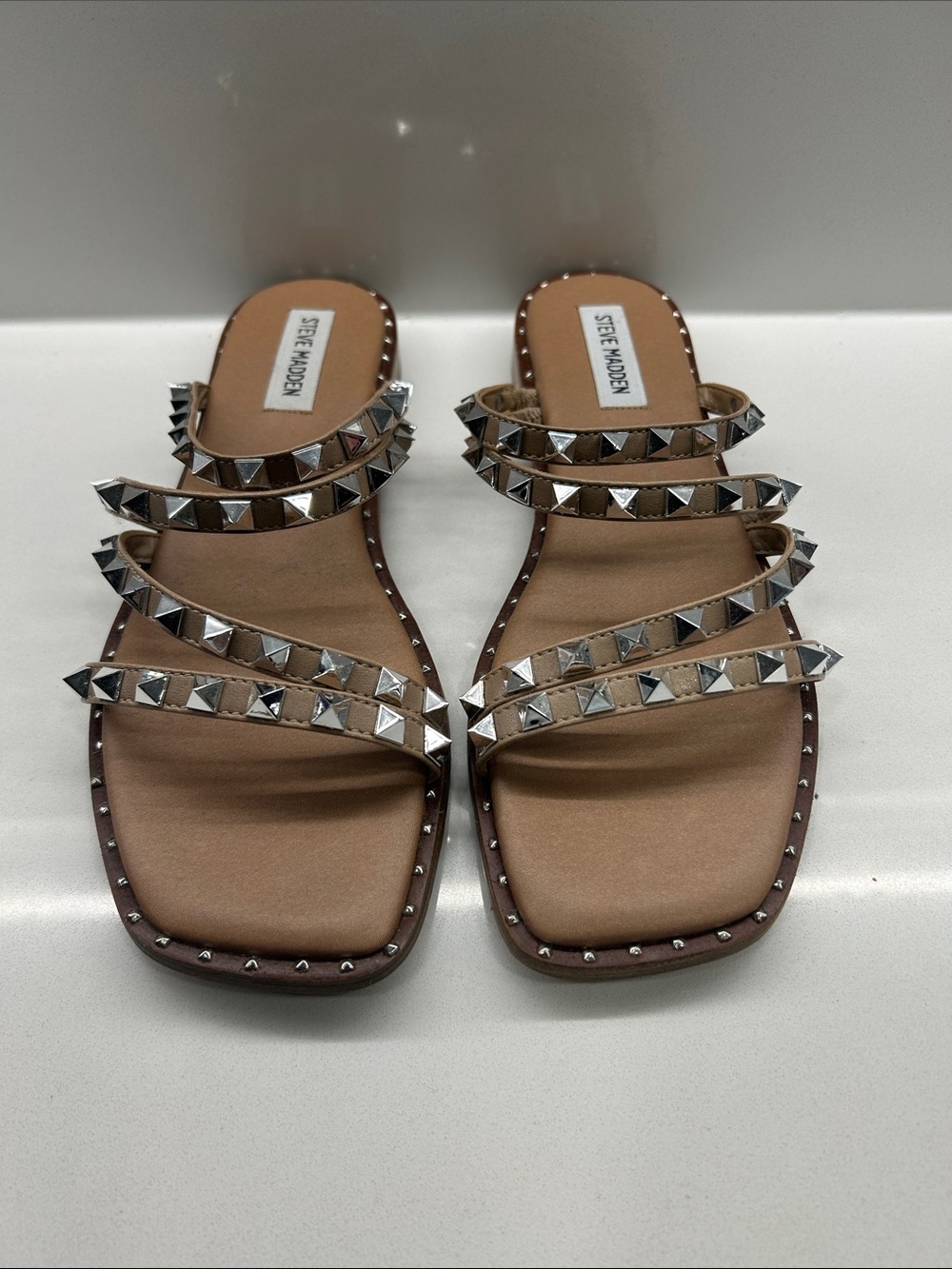 Steve Madden Tan Slide Sandals with Silver Pyramid Studs - Triple Strap